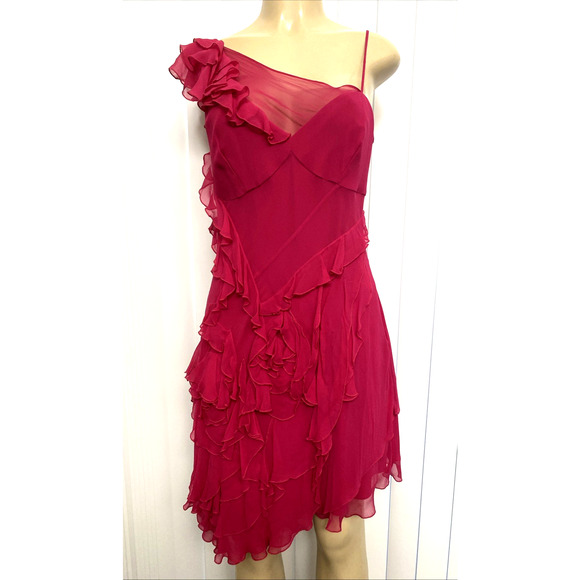 NWT Karen Millen Mini Silk Dress Fuchsia Ruffle Tiered Pink Asymmetric 10 M - Picture 3 of 10